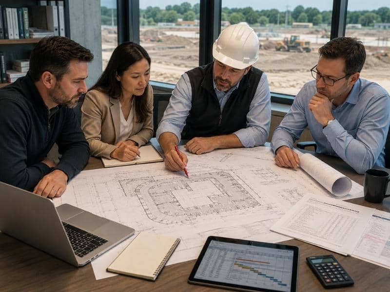 Construction management team reviewing engineering plans during early project planning before construction begins.
