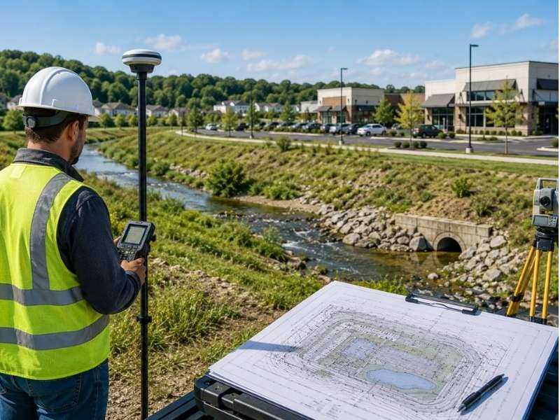Flood study evaluation near a commercial development site with a creek, drainage channel, and survey equipment outside a mapped flood zone