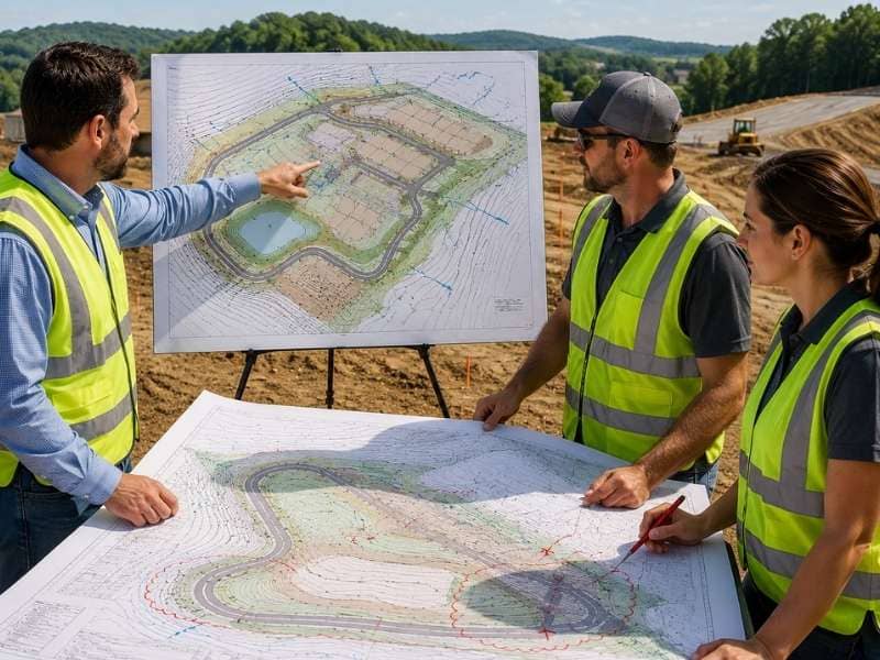Civil engineers reviewing grading plans on a hilly construction site with contour lines, drainage features, and cut and fill areas.