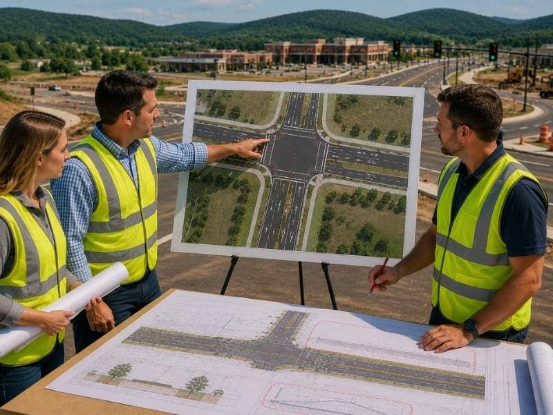 Civil engineers in safety vests reviewing a roadway design with turn lanes, intersections, and future road improvements at a growing development site.
