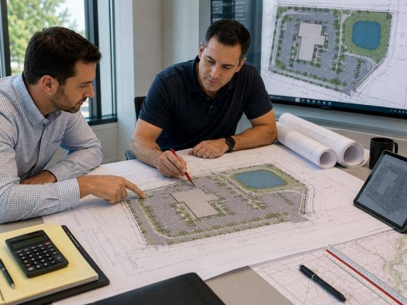 Site design reviewed by civil engineers examining a commercial site plan to improve approval timelines before construction begins.