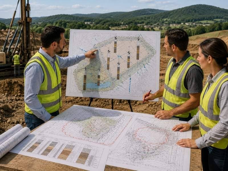 Civil engineers performing soil testing review on a development site with geotechnical plans, drilling equipment, and soil boring locations.