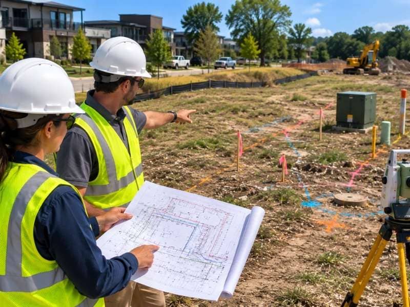 Civil engineering firm reviewing utility easements, underground lines, and site conditions before development design

