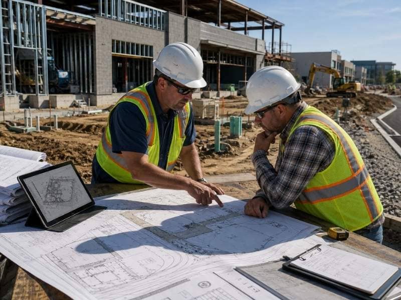 Construction plans being reviewed by an engineer and contractor to coordinate grading, utilities, building work, and permit requirements.
