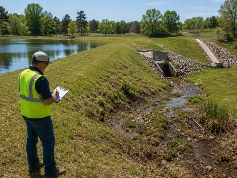 Dam inspection of an earthen pond embankment showing an engineer evaluating the spillway, outlet structure, downstream slope, and seepage conditions.