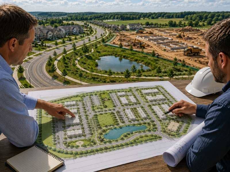 Land Planning Steps That Support Better Project Approvals showing planners reviewing a master site plan with roads, open space, utilities, and future development layout.
