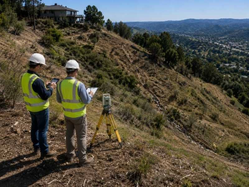 Licensed civil engineer and surveyor evaluating drainage, terrain, and stability on a steep slope site
