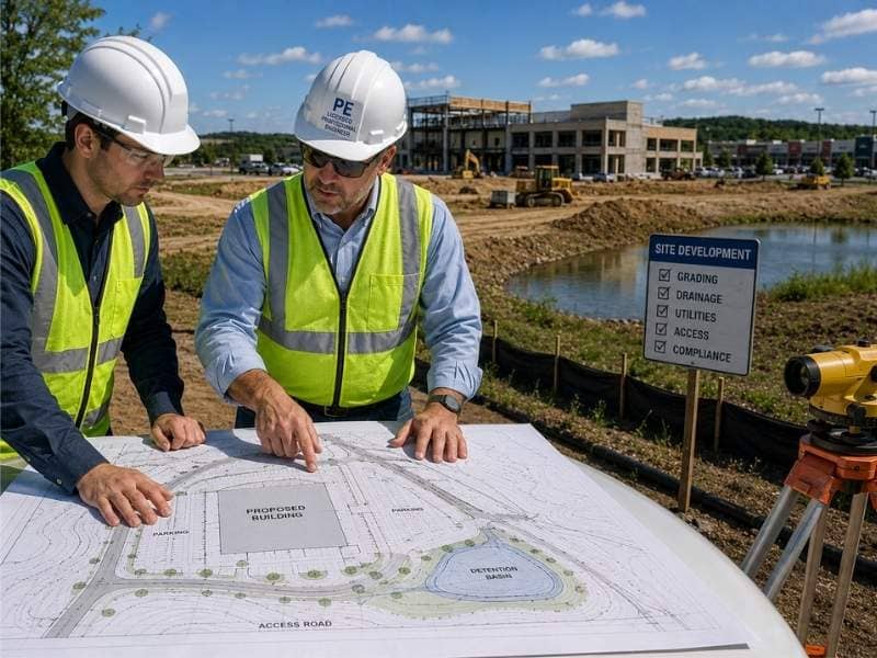 Professional Engineer Review for Smarter Site Decisions showing a licensed engineer reviewing commercial site development plans with grading, drainage, utilities, and access considerations.
