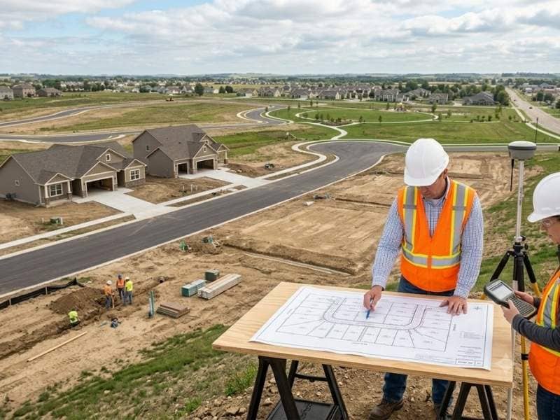 Subdivision Design Choices That Improve Buildability showing engineers reviewing a subdivision layout with buildable lots, roads, utilities, and neighborhood development.
