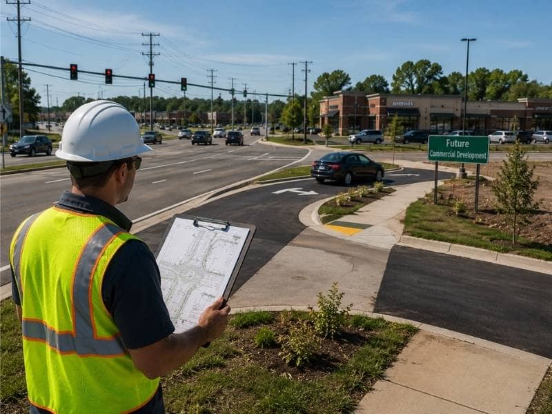 Transportation engineer reviewing traffic flow, sight distance, driveway placement, and roadway conditions for safer site access.