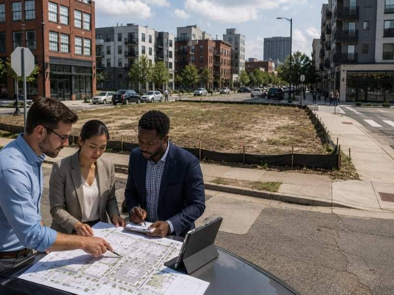Urban planning strategies for infill redevelopment as a planning team reviews a vacant city lot and surrounding streets
