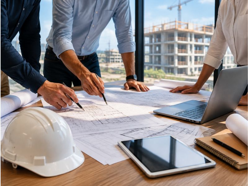 Project manager reviewing construction plans before permit submittal in knoxville tennessee
