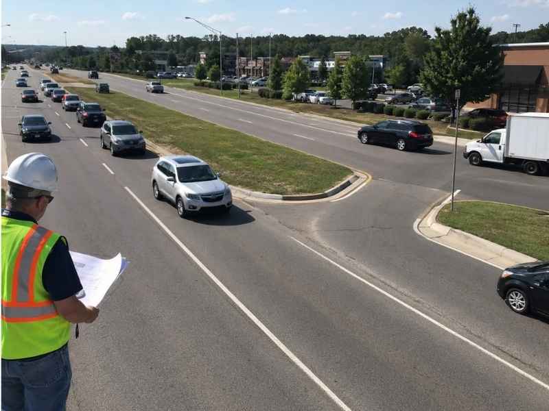 Roadway engineer reviewing a commercial median opening and driveway access along a busy road in Knoxville, Tennessee.
