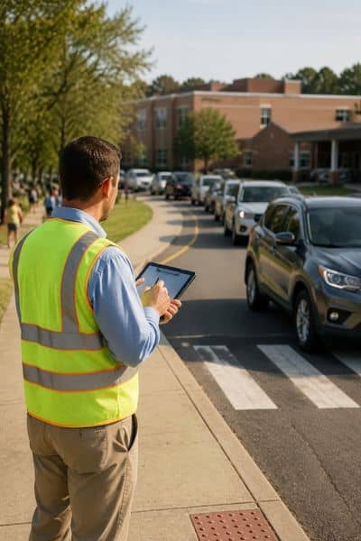 Traffic engineer reviewing vehicle flow during school pickup at a Knoxville TN campus